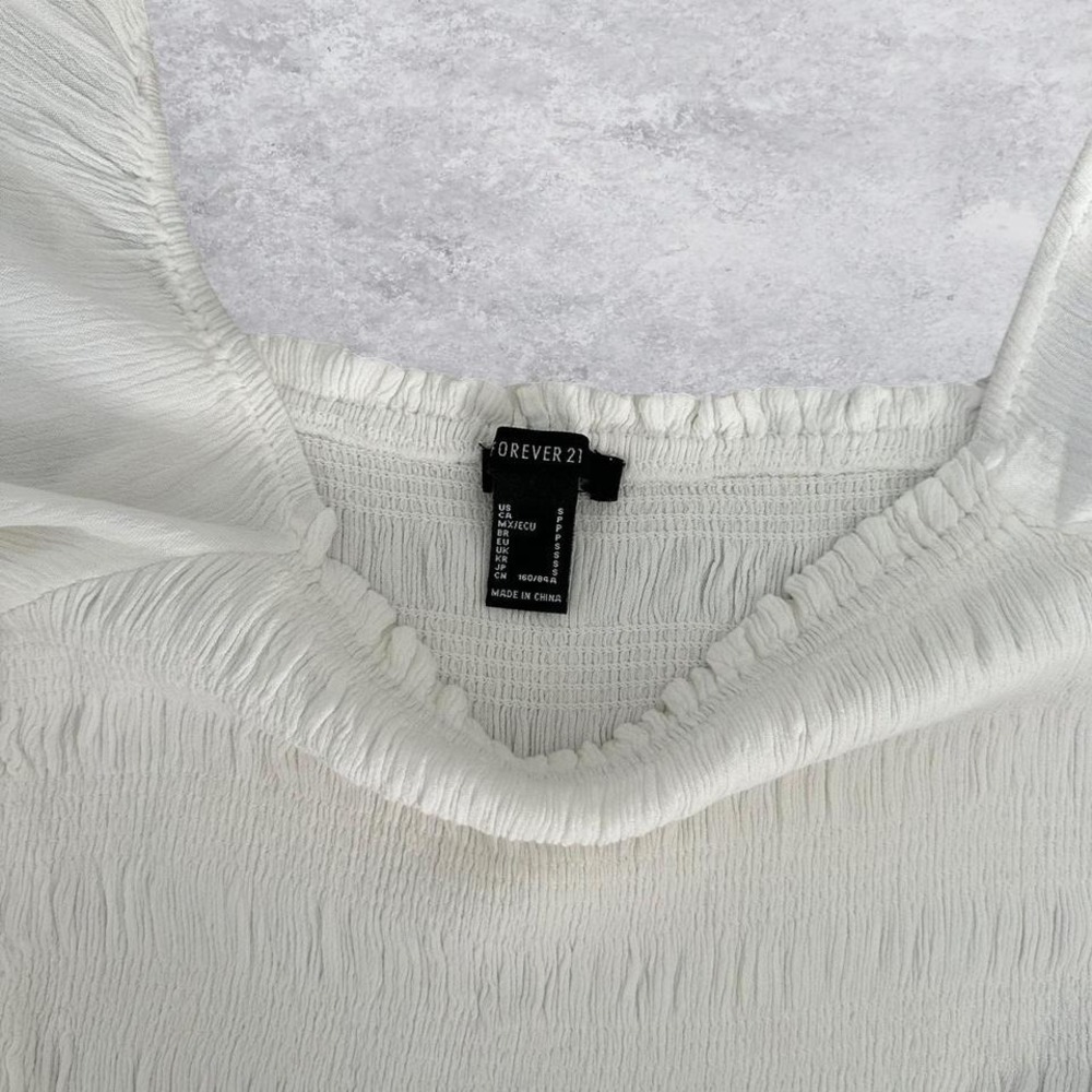 Forever 21 White Smocked Puff Sleeve Peplum Top Square Neck Small - Picture 6 of 6